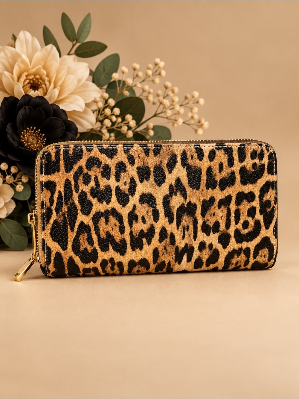 Leopard Print Zip-Around Wallet in Brown/Black
